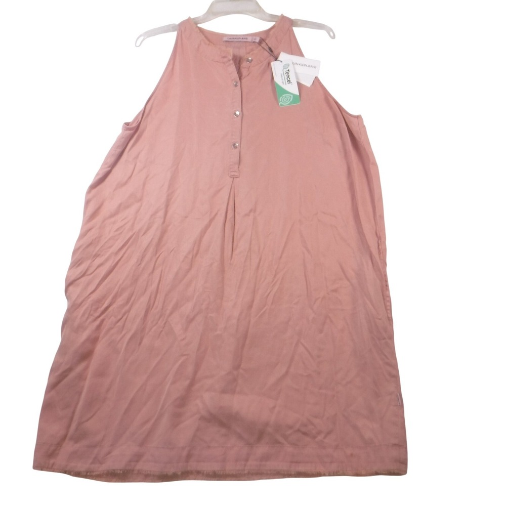 Calvin Klein Jeans Womens‎ Pink Tencel Raw Hem Sleeveless Shift Dress Large NWT